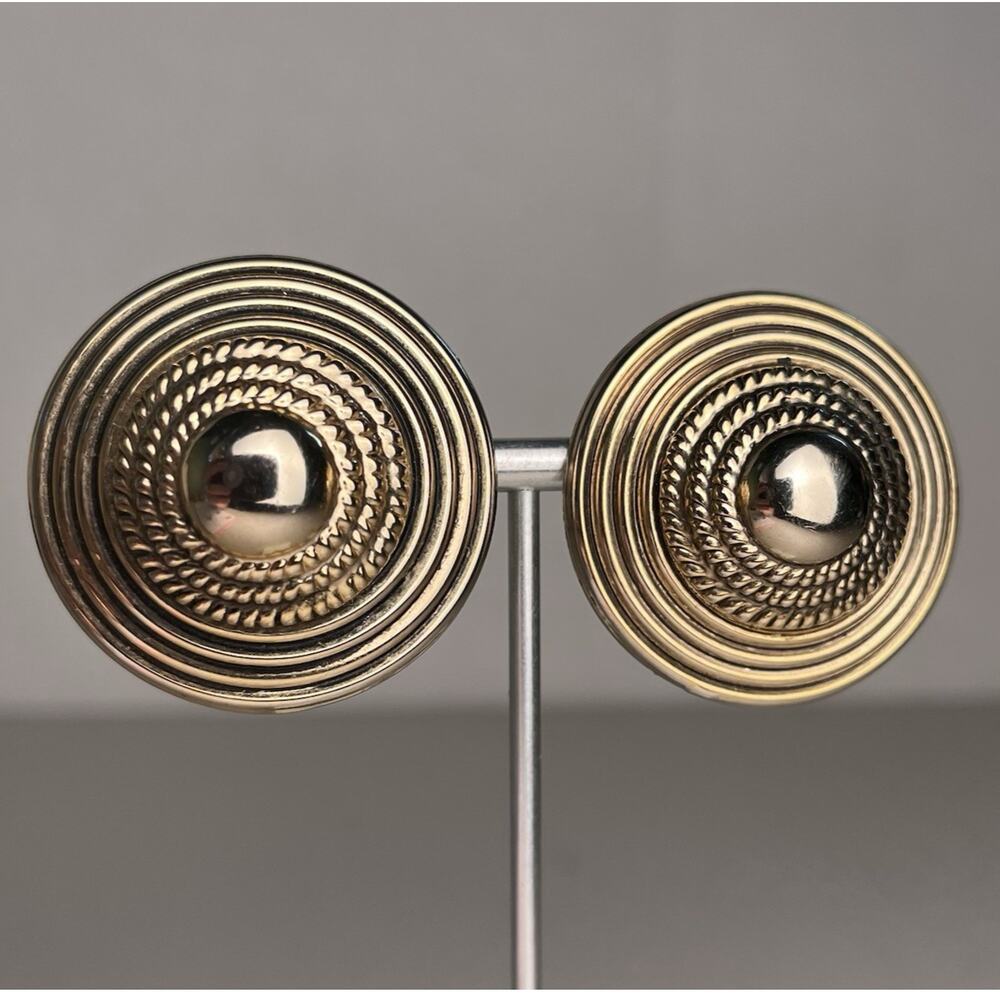 Vintage Goldtone Dome Clip-On Earrings Round Textured Circular Button 80s